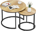 Smuxee Nesting Coffee Table Set of 2, 23.6" Round Coffee Table Brown Wood with Adjustable Non-Slip Feet, Industrial End Table Side Tables for Living Room Bedroom Balcony Yard