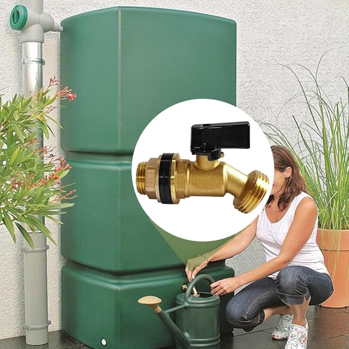 Uenede Brass Water Container Rain Barrel Faucets Spigot 3/4" G Male Thread Large Inlet to 3/4" GHT Male Thread Outlet with Quarter Turn Ball Valve Include Bulkhead Fitting and Washers 2PCS