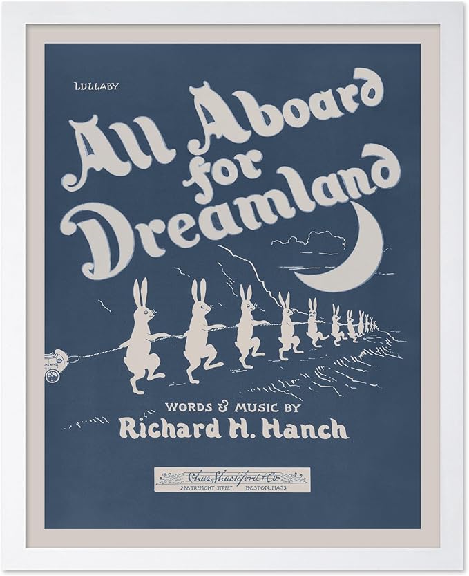 Poster Master All Aboard For Dreamland - Retro Children's Lullaby Print - Story Book Art - Bunny and Rabbit - Aesthetic Kid's Bedroom or Nursery Wall Decor, 16x20 White Framed