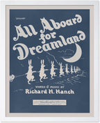 Poster Master All Aboard For Dreamland - Retro Children's Lullaby Print - Story Book Art - Bunny and Rabbit - Aesthetic Kid's Bedroom or Nursery Wall Decor, 16x20 White Framed