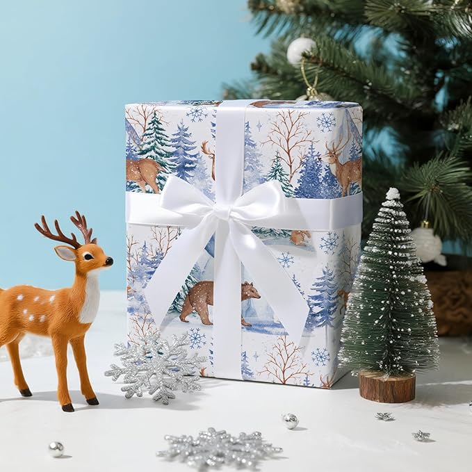 LeZakaa Christmas Wrapping Paper Roll, Winter Forest Animal Gift Wrap with Deer Bear Rabbit Snowflake Design, Watercolor Style, for Xmas Presents Family Gatherings, Holiday, Mini Roll 17 in x 16.4 Ft