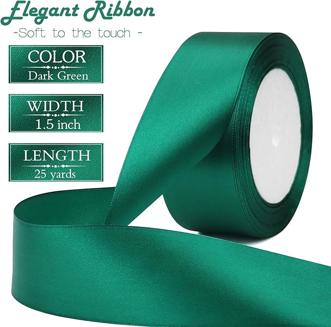 Dark Green Solid Satin Ribbon 1-1/2 Inch 25 Yards Solid Polyester Fabric Ribbon for Gift Wrapping Wedding Christmas Baby Shower Birthday Party Decoration Handmade Immortal Flower Craft
