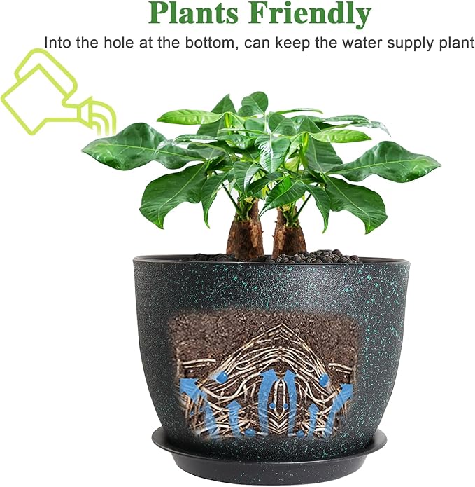 12inch Large Plant Pot, Modern Plastic Planter with High Driange Holes and Saucer for Indoor Outdoor Garden Plants and Flowers, Black with Green Speckles