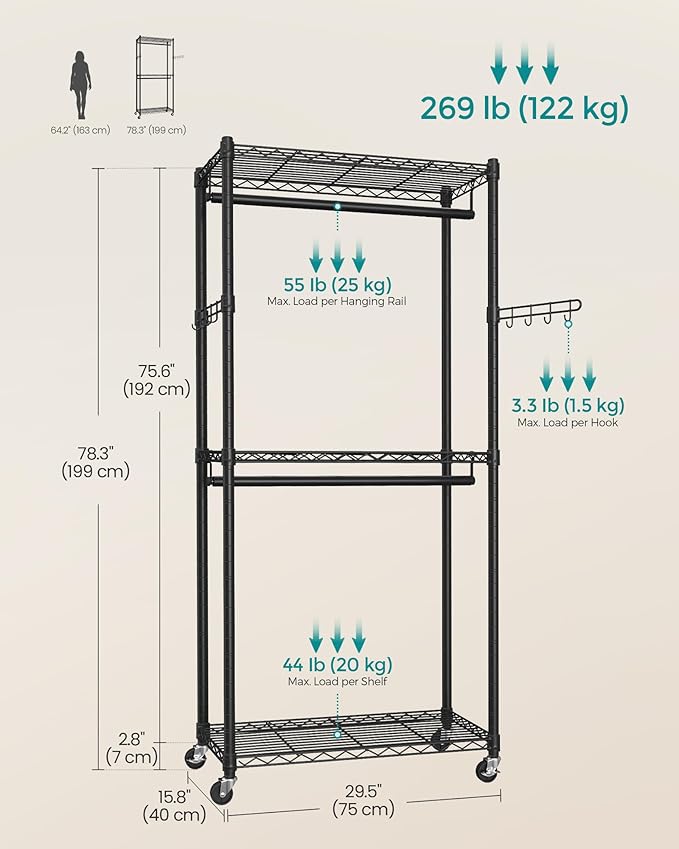 SONGMICS Heavy-Duty Rolling Clothes Rack, Garment Rack, Portable Closet, 29.5-Inch Wide Clothing Rack on Wheels, with Adjustable Mesh Shelves and Hanging Rails, Hooks, Ink Black ULGR412B01