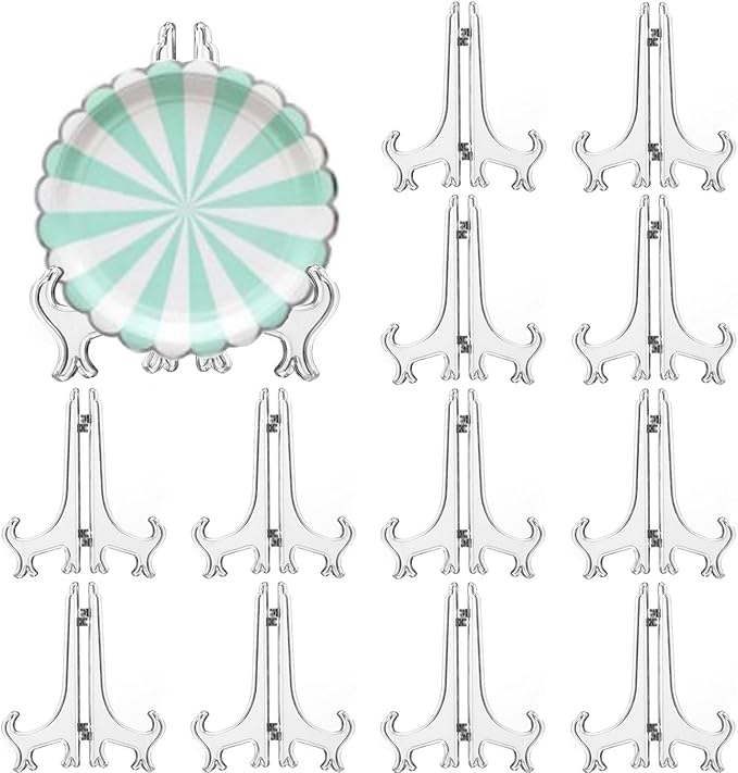 12 Pack 5 Inch Clear Plastic Easels or Stand/Plate Holders to Display Pictures or Other Items at Weddings, Plate Stands for Home Decoration, Birthdays, Tables