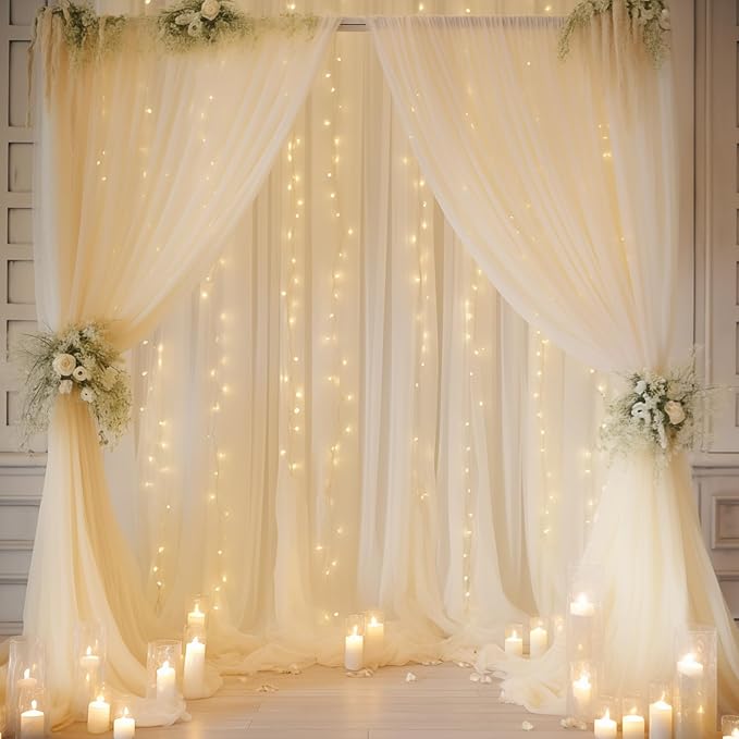 10ft x 10ft Beige Chiffon Backdrop Curtain with Lights String for Parites Wedding Wrinkle Free Curtain Photo Backdrops Drapes for Baby Shower Birthday Party Home Decorations