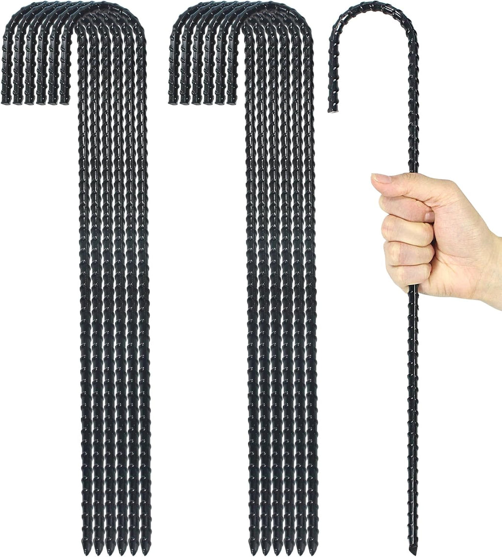 16 Inch Ground Rebar Stakes, J Hook Extra Heavy Duty Rust Proof Coated Steel Ground Anchors with Chisel Point End for Camping Tent and Canopy Tent (16)