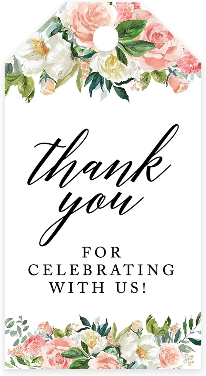 Andaz Press 100-Pack Thank You for Celebrating with Us Favor Tags Peach Coral Floral Garden Cardstock Gift Tags with Bakers Twine for Wedding Baby Shower Bridal Shower Party Favors 2 x 3.75-Inches