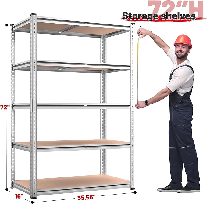 REIBII 2020LBS Garage Shelving Heavy Duty Metal Shelving 5 Tier Storage Shelves, Metal Shelves for Warehouse Basement, Easy Assembly, 72" H x 35.55" W x 16" D, Galvanized, 3 Pack