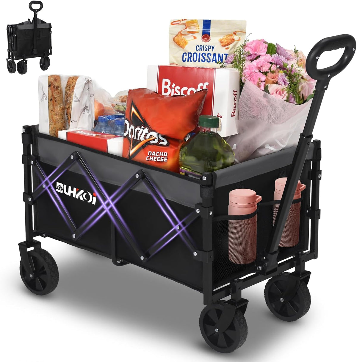 Collapsible Wagon Cart with Wheels Foldable,11 Lbs Lightweight Portable Folding Utility Wagon,90 L Heavy Duty Grocery Shopping Carts,Versatile for Garden Sports Camping Outdoor Use (Black Gray)