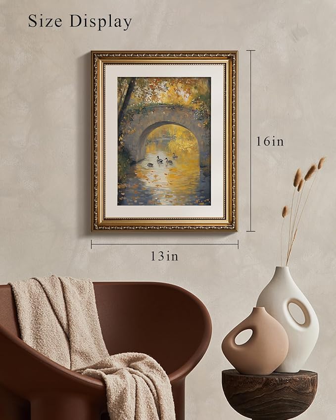 VIYYIEA Gold Framed Wall Art, Stone Bridge Canvas Print Home Decor Vintage Art Painting Picture Bathroom Wall Decor, Landscape Artwork for Living Room Bedroom Kitchen Office - 16L x 13W