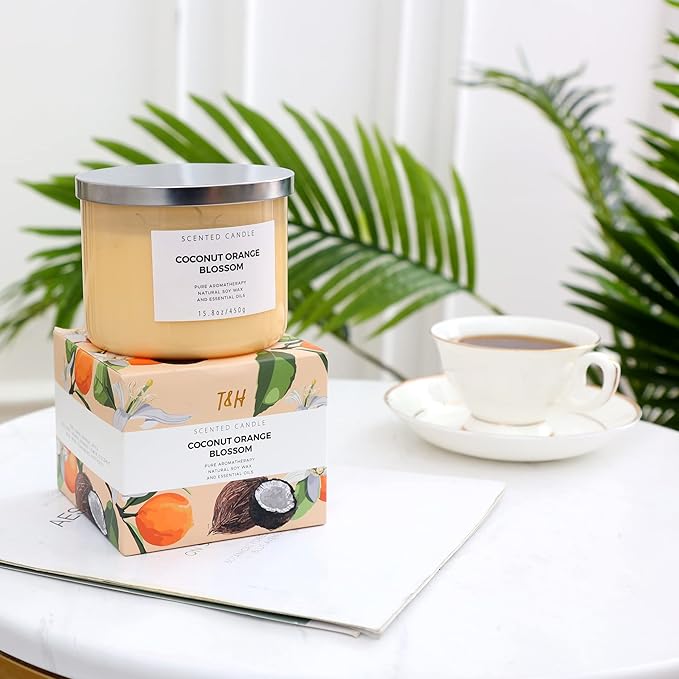Coconut Orange Blossom 3 Wick Candle | Highly Scented Soy Candles for Home 15.8 oz, Summer & Tropical Scented Candle | Aromatherapy Stress Relief Candle, Relaxing Clean Burning Candles for Women & Men
