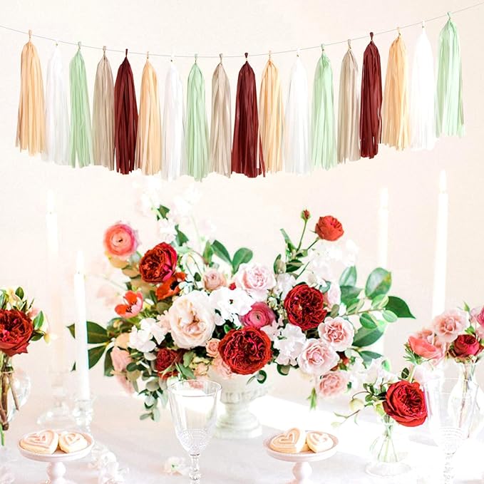 Sage-Green Burgundy Champagne-Gold Tassel-Garland - 25pcs Boho Wedding Party Decorations Banner Streamers,Birthday Bridal Baby ShowerTassels,Engagement Bachelorette Christmas Decor Panduola