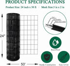 Black PVC Coated Welded Wire Fence 24 Inch x 50 Foot, 2 Inch x 3 Inch 16GA, Garden Border Fencing Roll Vinyl Coating Metal Wire Mesh for Yard Vegetable Plant Protection Poultry Netting