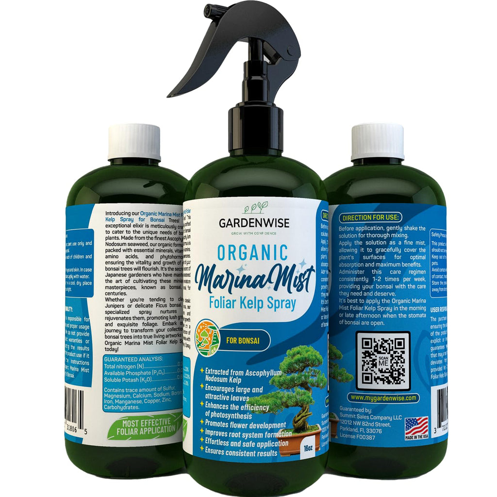 Organic Marina Mist Foliar Spray for All Live Indoor and Outdoor Bonsai Tree Plants | Micro Nutrients for Vital Bonsai Health | Gentle Formula | Liquid Plant Food | Quick Results (16 oz)