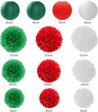 Red Green-White Christmas Party Decorations - 20pcs Mexican Italian Paper Lanterns Fans,Tissue Pom Poms,Honeycomb Balls,Bunting,Birthday Mexico Italy Baby Shower Wedding Decor Burgleda