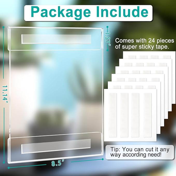 Aheroi Acrylic Sign Holder 8.5 x 11, 12 Pcs Clear Document Frame with Adhesive Tape, No Drilling Plastic Wall Mount 8.5 x 11 Acrylic Hanging Frame Plastic Sign Holder for Office Business Menu Store