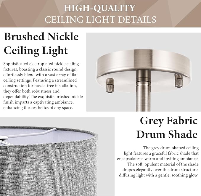 3-Light Semi Flush Mount Ceiling Light Fixture, 13" Modern Drum Light with Grey Fabric Shade, Close to Ceiling Lighting Hanging Lamps for Bedroom Living Room Dining Room Kitchen Hallway