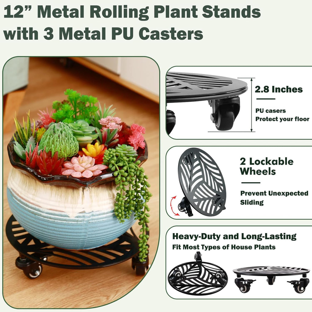 1 Pack 12 inches Large Metal Plant Caddy with 3 PU Metal Wheels Rolling Plant Stand with Casters Indoor Outdoor Wheeled Planter Roller Base Pot Movers Plant Dolly Coaster Trolley Black