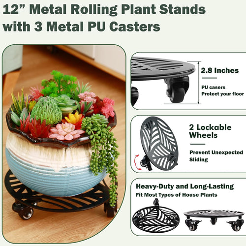 1 Pack 12 inches Large Metal Plant Caddy with 3 PU Metal Wheels Rolling Plant Stand with Casters Indoor Outdoor Wheeled Planter Roller Base Pot Movers Plant Dolly Coaster Trolley Black
