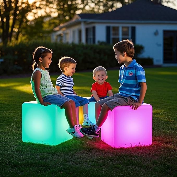 Mr.Go 14-Inch Color Changing LED Cube Light Stool, Glow Cube Seat for Kids, Modern LED Light Side Table, 16 RGB Colors LED Mood Lighting, Ideal for Home Garden Patio Bar Pool Party Decorative Lighting