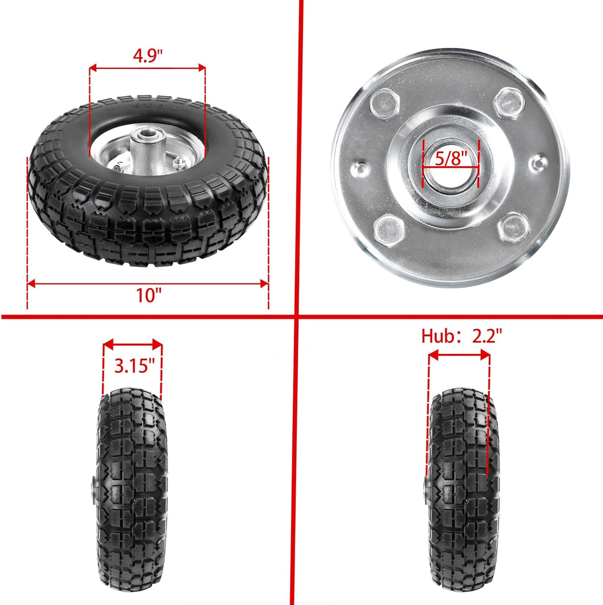 4.10/3.50-4 Tire Wheels Flat Free 10" Heavy Duty Solid Flat-Free Replacement Tire with 5/8 Axle Compatible with Gorilla Carts, Wheelbarrow, Dolly, Hand Truck (2-Pack)