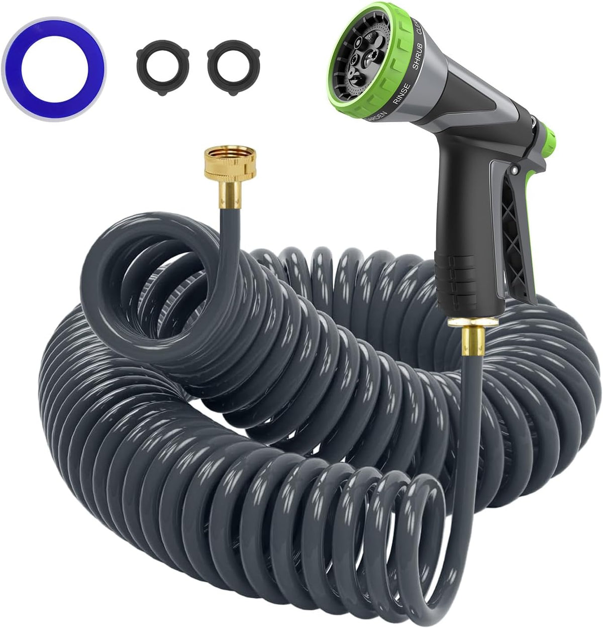 Coil Hose,3/8" EVA Coil Garden Hose 25 FT,Curly Water Hose Lightweight with Brass Connectors,Recoil Garden Hose Includes 8-Pattern Spray Nozzle for Boat, Yard, Patio, Green