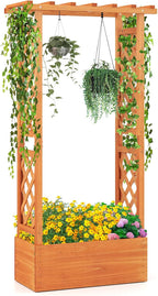 S AFSTAR Raised Garden Bed with Trellis, Wood Planter Box with Hanging Roof & Drainage Holes for Climbing Plants, Vines, Flowers & Vegetables, Indoor Outdoor Plant Container for Patio & Yard