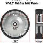 AR-PRO (2-Pack) 10"x2.2" Flat Free Solid Rubber Replacement Tires – 10 Inch Solid Wheels for Hand Trucks, Dollies, Utility Carts, and Wheelbarrows with 2.2" Offset and 5/8" Axle Hole