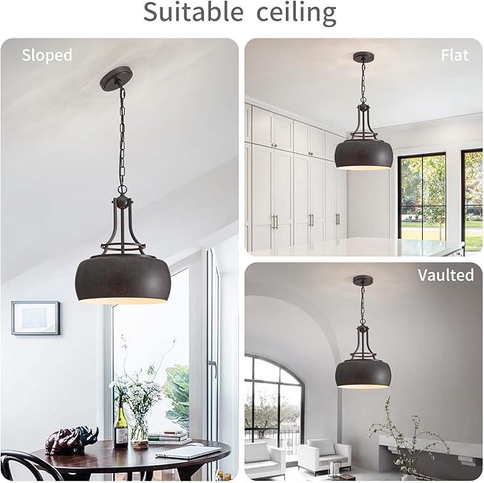 WUZUPS Chandelier Rustic Farmhouse Industrial Round Ceiling Pendant LED Light Fixture with Open Bottom Drum Shade, H 15.7" x W 13.4", Distressed Rust