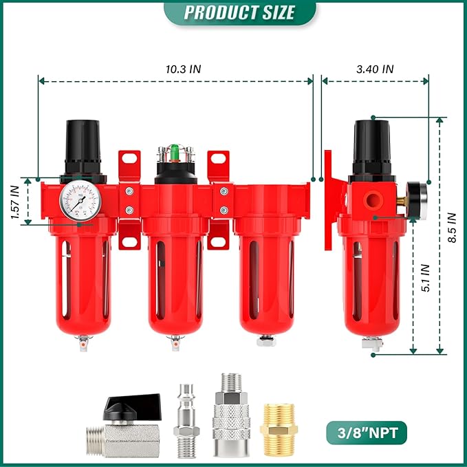 Industrial Grade Three-Stage Air Drying System, 0-150 PSI, 3/8 Inch NPT, Aluminum Alloy, with Particulate Filter, Coalescing Filter, Desiccant Dryer, and Air Regulator (Manual Drainage)