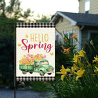 Hello Spring Flags for Outside,Buffalo Plaid Floral Truck Garden Flag for Yard Patio Lawn Decoration,12x18 Inch Double Sided