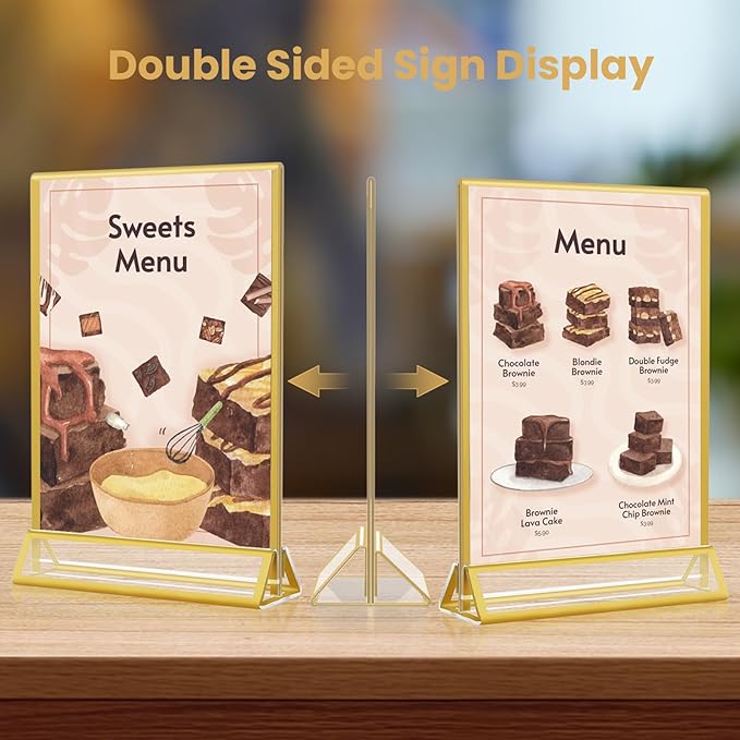 5x7 Gold Acrylic Sign Holder, 12 Pack Wedding Table Number Stands With Vertical Gold Borders, Double Sided Picture Frame Paper Stand, Clear Photo Display Menu for Party, Home, Restaurant