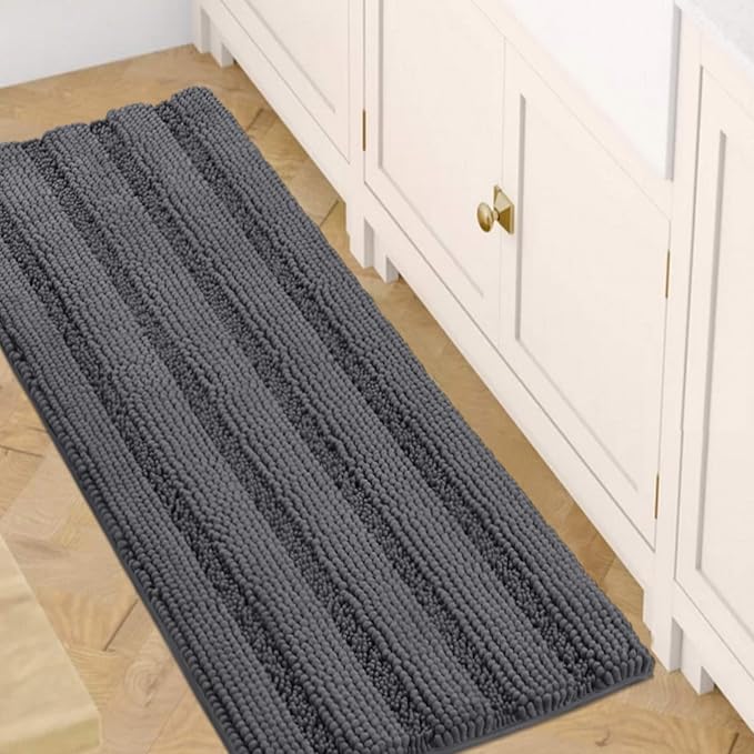 H.VERSAILTEX Bath Rugs for Bathroom Non Slip Bath Mats Extra Thick Chenille Striped Bath Rug Runners 47" x 17" Absorbent Fluffy Soft Shaggy Mats Dry Fast Plush Area Carpet for Bath Room - Grey