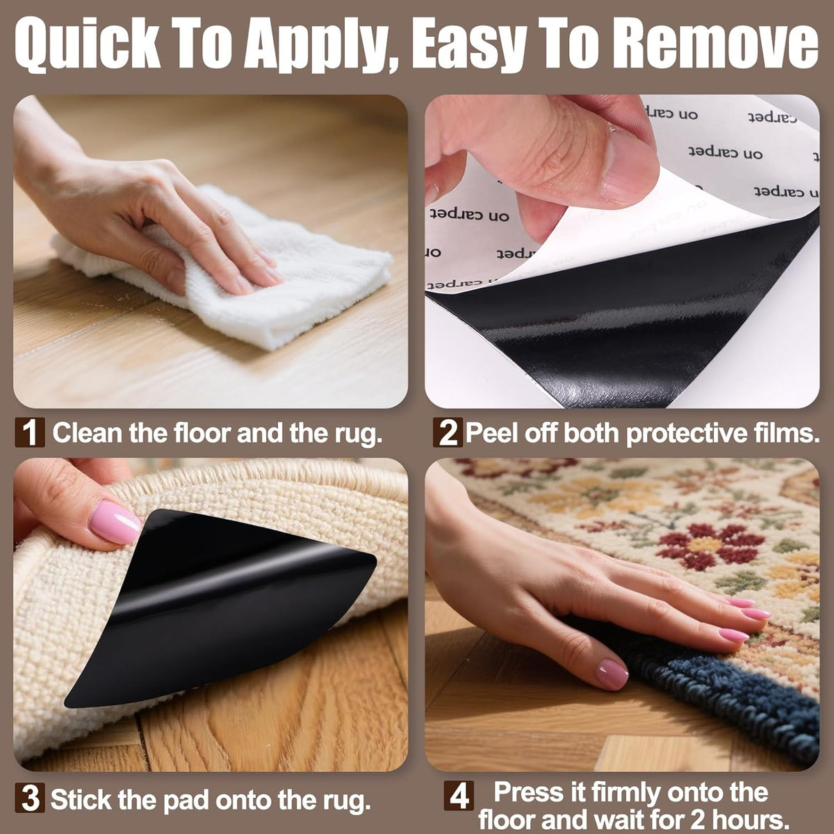 Premium Rug Grippers & Carpet Tape – 16PCS Square Anti-Slip Pads for Area Rugs, 3.9 Inch, Prevent Curling & Sliding, Ideal for Hardwood, Tile, Marble, and Laminate Floors