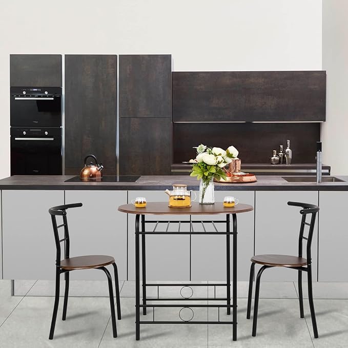 VINGLI 3 Piece Dining Set,Small Kitchen Table Set for 2,Breakfast Table Set for 2,Kitchen Wooden Table and 2 Chairs for Small Space/Dining Room/Apartment,Metal Frame,Wine Rack,Black&Walnut