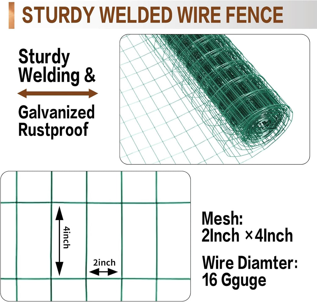 Tongmo 2 ft x 100 ft Green PVC Coated Welded Wire Fence, 16GA Garden Chicken Wire Fence Roll, Mesh Size 2" x 4" Hardware Cloth, Ideal for Yard Protection and Poultry Netting