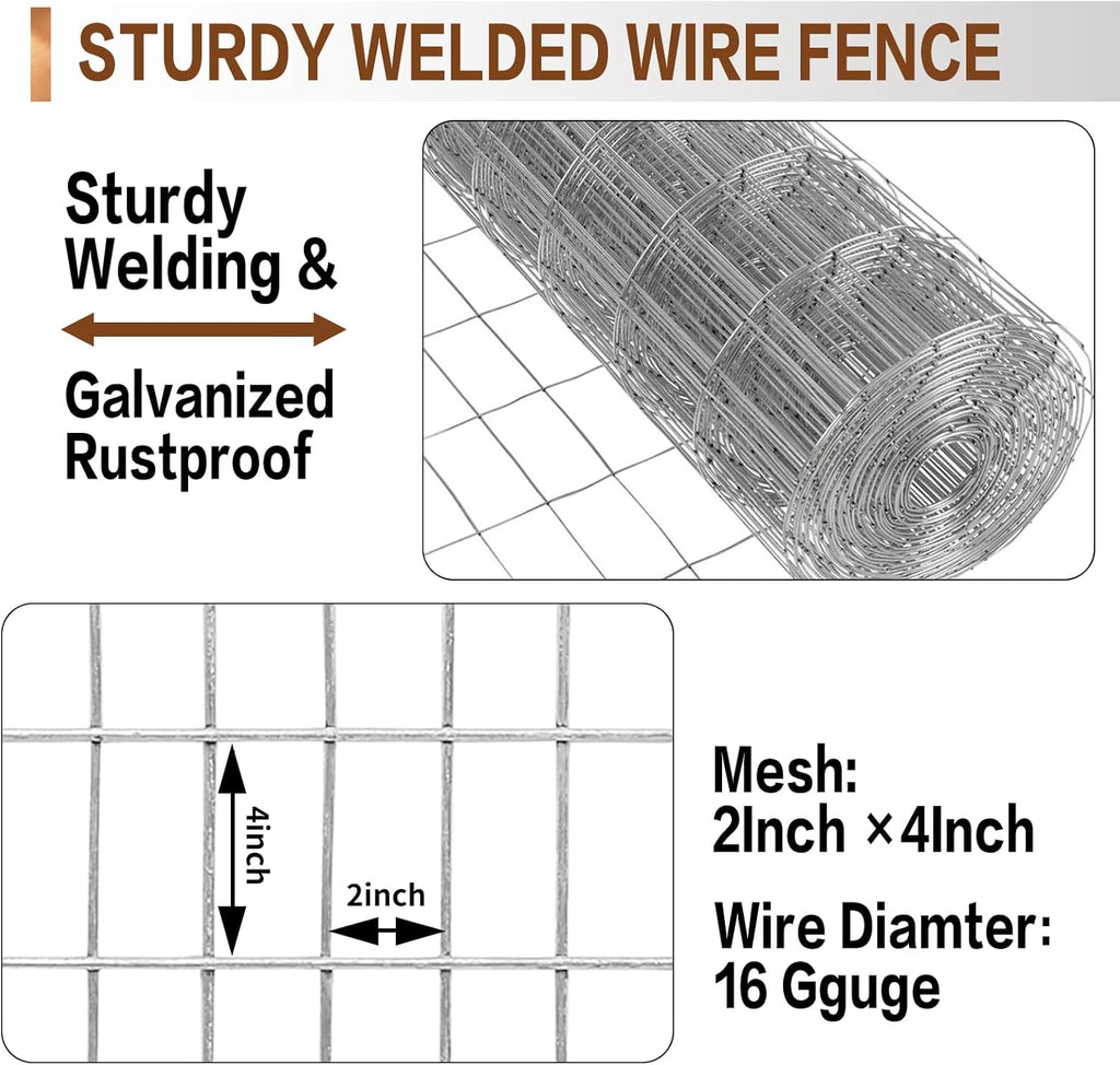 Tongmo 4 ft x 100 ft Galvanized Welded Wire Fence, 16GA Garden Chicken Wire Fence Roll, Mesh Size 2" x 4"Hardware Cloth, Ideal for Yard Protection and Poultry Netting