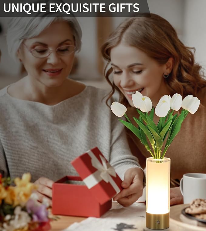 Flower Night Light,Touch Vase Lamp,Rechargeable Cordless Table Lamp,Dimming Small Mood Lighting for Dining Table/Bed Room/Bathroom/Closet,Gifts for Women/Mom, Artificial Tulips Included