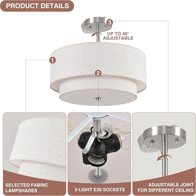 16" Semi Flush Mount Ceiling Light, Brushed Nickel 3 Light Double Drum Fabric Lampshade Lighting Fixtures for Living, Dining Room, Bedroom, Kitchen, Hallway (Canopy for Sloped/Flat Ceiling)