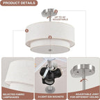 16" Semi Flush Mount Ceiling Light, Brushed Nickel 3 Light Double Drum Fabric Lampshade Lighting Fixtures for Living, Dining Room, Bedroom, Kitchen, Hallway (Canopy for Sloped/Flat Ceiling)