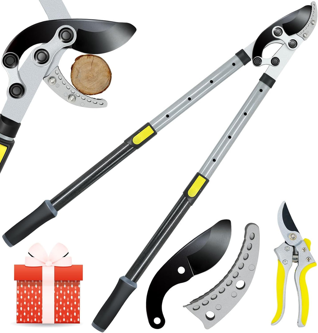 JARDINEER 3PCS Extendable Anvil Loppers for Tree Trimming Heavy Duty, 28-38.5" Branch Cutter with 2 Inch Cutting Capacity, Include Garden Tree Loppers, Pruning Shear and SK5 Spare Blade