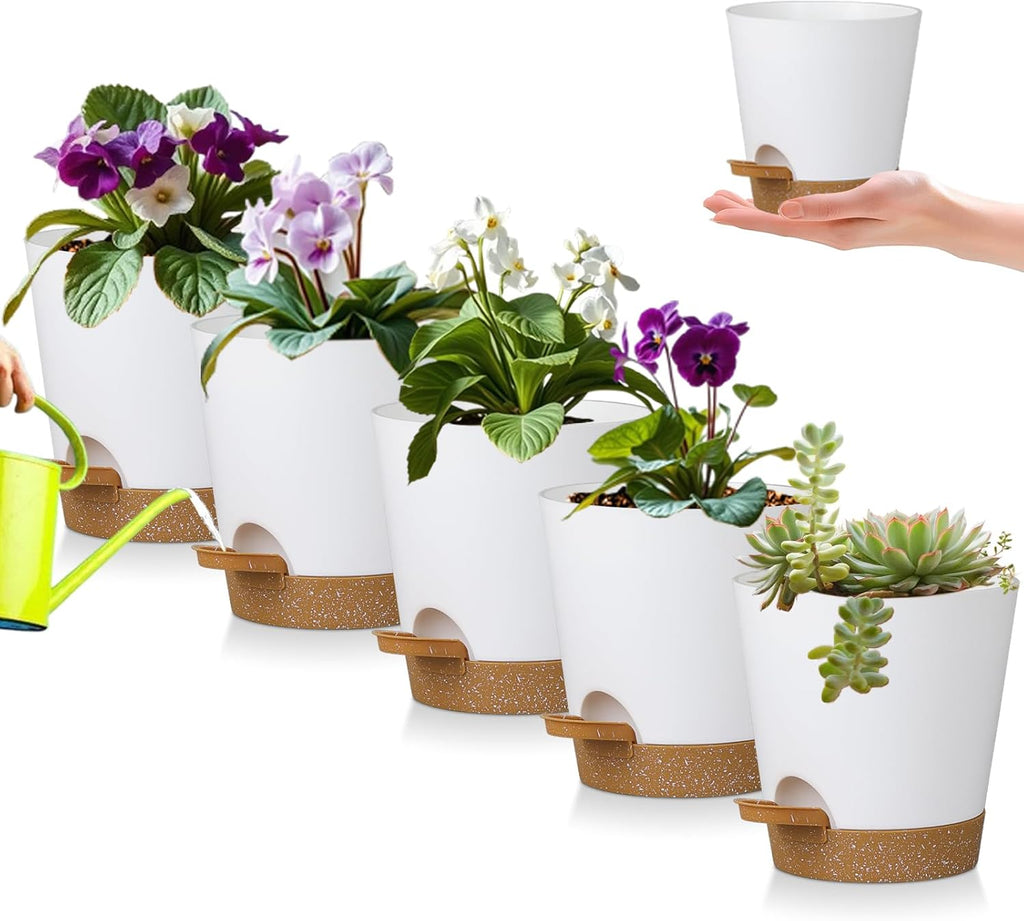 5 Pack 5 inch Self-Watering Pots, African Violets Planter with Drainage Holes and Reservoir, White Brown Plastic Planter for Indoor Outdoor Plants Flowers and Houseplants White Brown, 5 inch 5 pcs