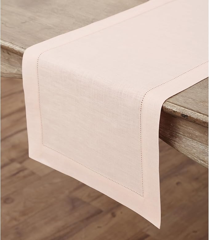Solino Home Linen Pink Table Runner 60 Inches - Classic Hemstitch, 100% Pure Linen Coffee Table Runner 14 x 60 Inch Ideal for Dresser Tables - Halloween