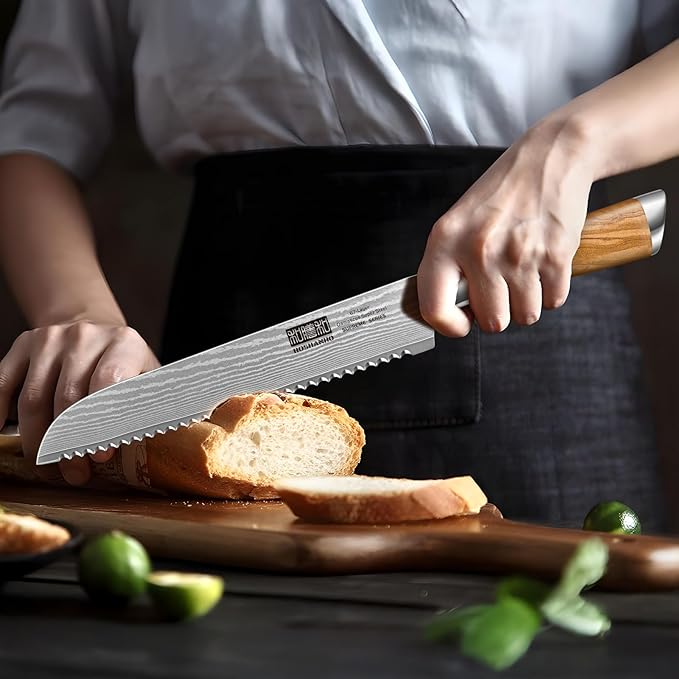 Bread Knife 8 Inch, Damascus Steel Bread Kitchen Knife with Ergonomic Olive Wood Handle, Professional Ultra-Sharp Serrated Knife for Homemade Bread, Sourdough Bread Cutting