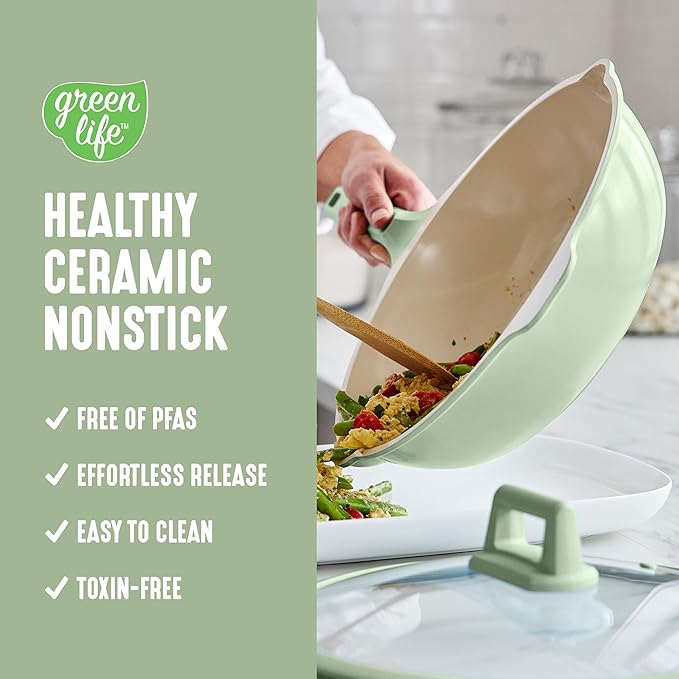 GreenLife Nonstick 12” (5QT) All in One Deep Skillet Wok with Lid, PFAS-Free Non-Toxic Ceramic Multi-Purpose Pan, Induction, All Stovetop, Egg, Stir Fry, Saute, Stay Cool Handle, Sage Green