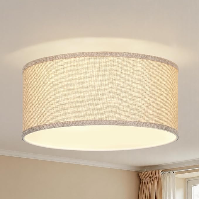 13 Inch Flush Mount Ceiling Light with Burlap Linen Drum Shade, Semi Flush Mount Ceiling Fixture, 3-Light Drum Light Fixture,Rustic Farmhouse Style for Bedroom, Living Room, Hallway, Entryway