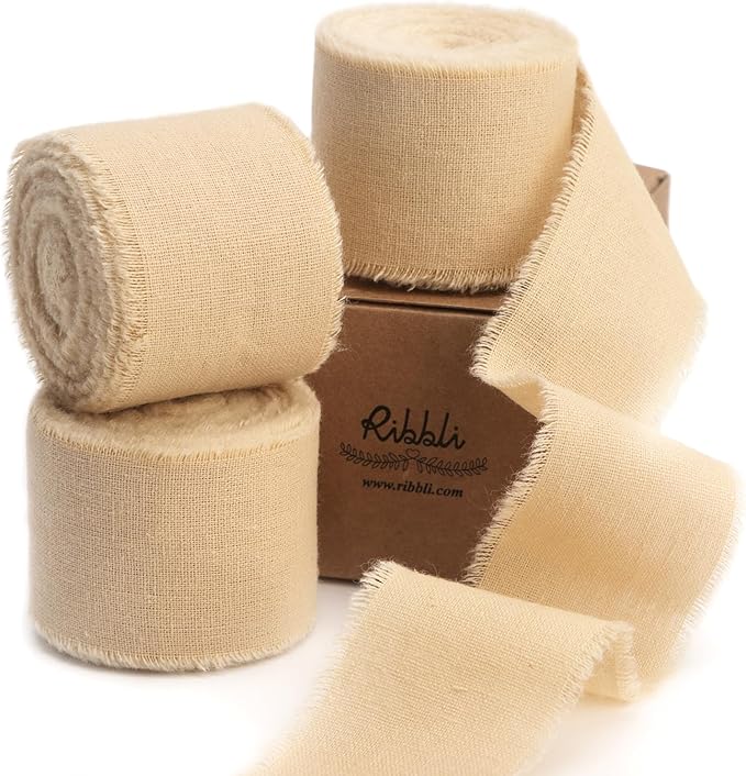 Ribbli 3 Rolls Nude Ribbon 1.5 Inch x 18Yards Beige Handmade Cotton Frayed Fringe Ribbons for Gift Wrapping Wedding Invites Bridal Bouquets Baby Shower DIY Crafts Home Decor