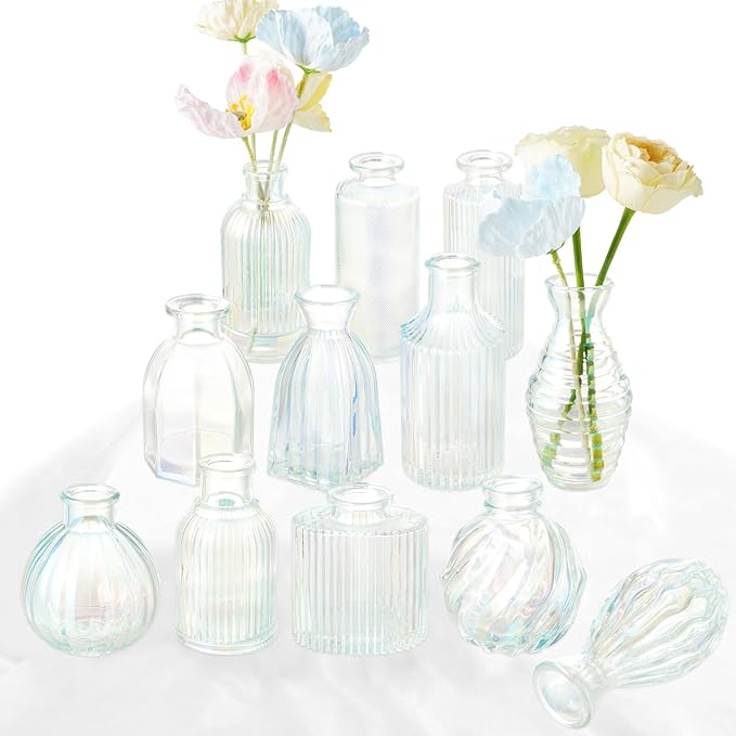 Bud Vases Set of 12, Iridescent Glass Vase for Decor Centerpieces, Small Vases for Flowers, Clear Irised Flower Vase Ribbed Modern Bud Vases in Bulk, Colorful Vases for Wedding Party Table Decoration