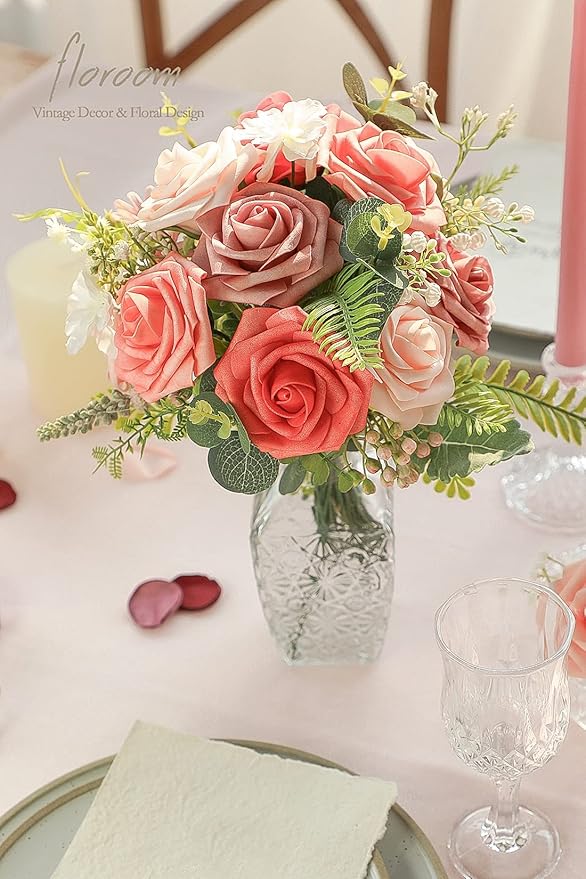 Floroom Artificial Flowers 25pcs Real Looking Coral Ombre Colors Foam Fake Roses with Stems for DIY Wedding Bouquets Bridal Shower Centerpieces Floral Arrangements Party Tables Home Decorations